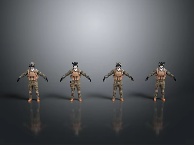 Four Camouflage Military Figures With Helmets And Face Masks On Gray Background With Ground Reflections 3d model