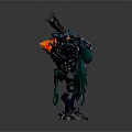 Mechanical Character Fantasy Creature With Blue Armor Red Glowing Core Horns And Green Cape