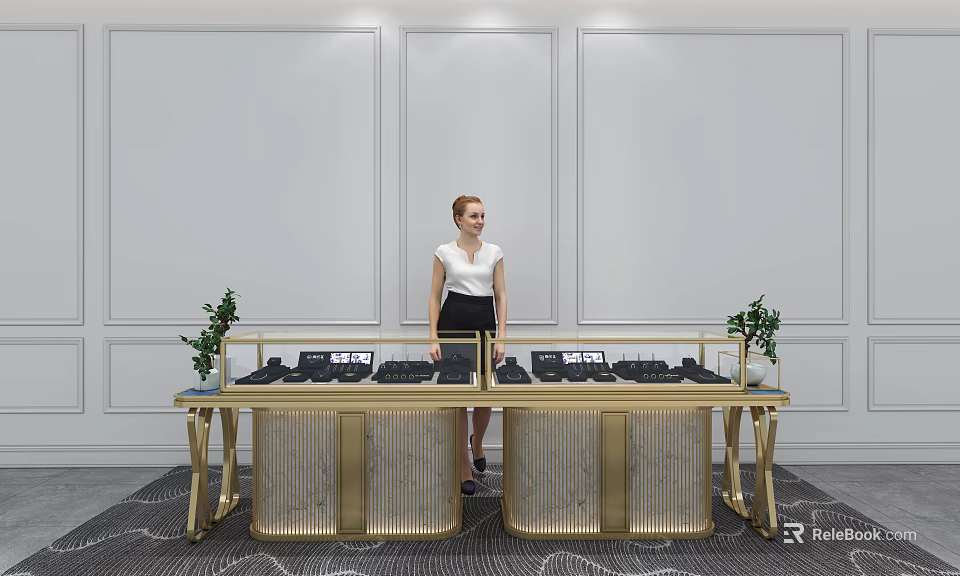 Elegant Golden Showcase Shelves With Glass Top Green Plants And Woman Standing 3d model 