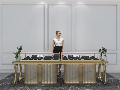 Elegant Golden Showcase Shelves With Glass Top Green Plants And Woman Standing 3d model