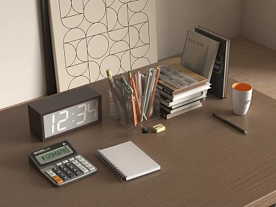 Notebook On Organized Desk With Calculator Digital Clock Stacked Books And Mug 3d model