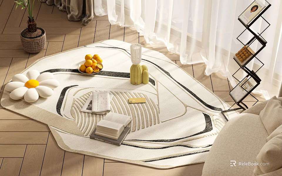 Stylish Shaped Rug In Cozy Living Room With Decor Items 3d model 