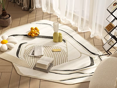 Stylish Shaped Rug In Cozy Living Room With Decor Items 3d model