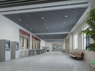 Station Interior With Ticket Machines Turnstiles Benches Windows And Modern Ceiling Design 3d model