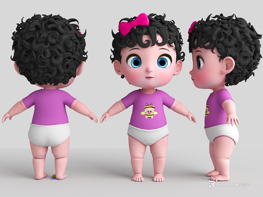 Toddler Doll With Curly Black Hair Pink Bow Purple Top White Diaper In Three Angles 3d model 
