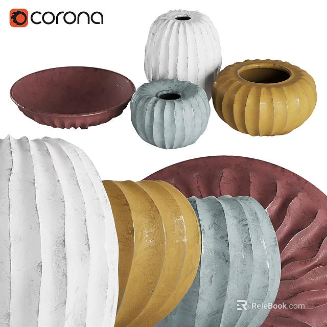 Colorful Textured Ceramic Decorative Ornament Set With Round Shapes And Various Hues 3d model 