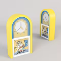 Yellow Arched Clock With White Dial Blue Border And Cartoon Design Below 3d model