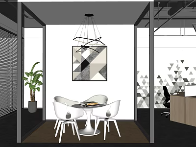 Modern Hotel Public Lounge Area With Round Table White Chairs Geometric Art And Green Plants 3d model