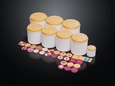 Decorative Ornament Set With White Wooden Lid Canisters And Colorful Small Decorative Pieces 3d model