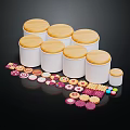 Decorative Ornament Set With White Wooden Lid Canisters And Colorful Small Decorative Pieces