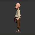 Cartoon Character With Bald Head Beige Top Brown Pants Red Sash Sandals Gray Background