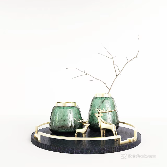 Green Vases With Branches Gold Trim And Gold Deer Figurines On Black Circular Tray 3d model 