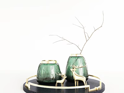 Green Vases With Branches Gold Trim And Gold Deer Figurines On Black Circular Tray 3d model