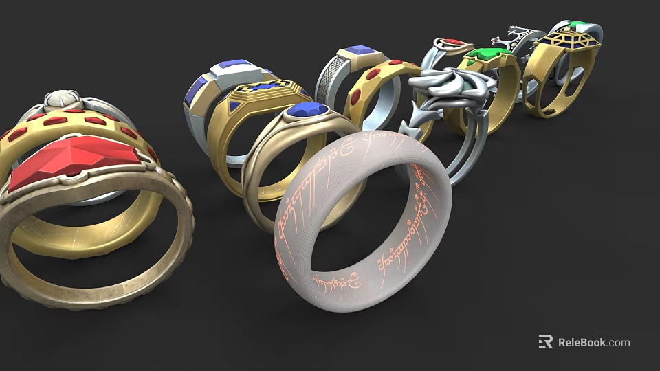 Elegant Jewelry Rings With Colored Gemstones Various Metal Materials And Text Decorations 3d model 