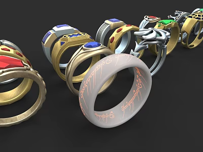 Elegant Jewelry Rings With Colored Gemstones Various Metal Materials And Text Decorations 3d model