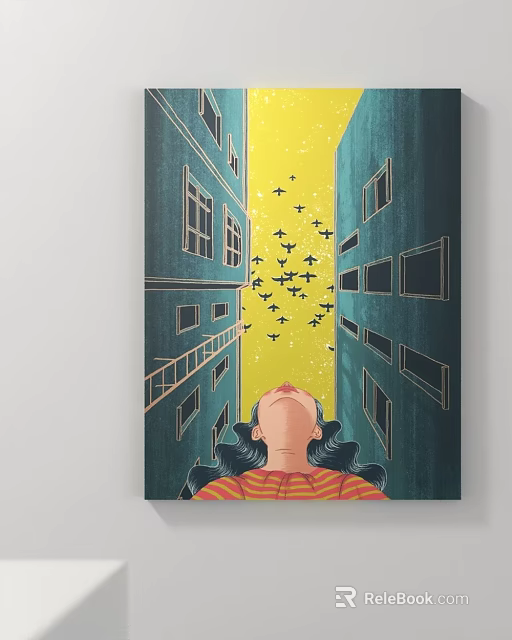 Girl Looking Up At Flying Birds Between Tall Buildings In Yellow Sky 3d model 