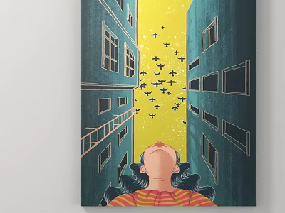 Girl Looking Up At Flying Birds Between Tall Buildings In Yellow Sky 3d model