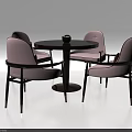 Round Dark Wood Dining Table Set With Four Light Pink Upholstered Chairs 3d model