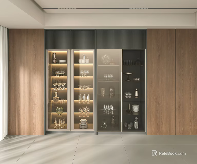 Modern Wine Cabinet With Glass Doors And Wooden Walls Featuring Wine Glasses Decorative Items 3d model 