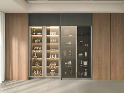Modern Wine Cabinet With Glass Doors And Wooden Walls Featuring Wine Glasses Decorative Items 3d model