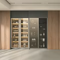 Modern Wine Cabinet With Glass Doors And Wooden Walls Featuring Wine Glasses Decorative Items