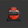Red Racing Helmet With PETRONAS Logo And BELL Brand On Black Stand Gray Background