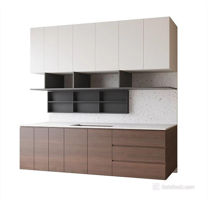 Modern Sideboard with White Upper Cabinets Brown Lower Storage and Speckled Countertop 3d model 
