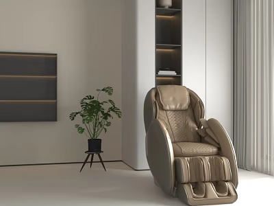 Elegant Modern Leather Massage Chair In Minimalist Living Room Interior With Plant And Cabinet 3d model