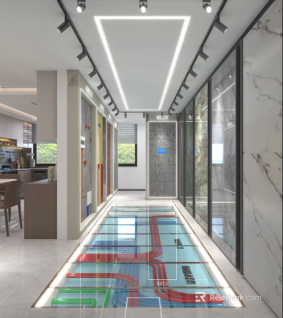 Modern Front Desk Reception Area With Marble Walls Glass Partitions And Elegant Lighting Design 3d model 