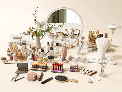 Stylish Perfume And Cosmetics Collection With Lipsticks Makeup Brushes And Round Mirror 3d model