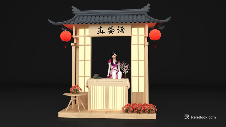 Traditional Chinese Pavilion Photo Spot Meng Po Soup Sign Red Lanterns Traditional Costume Woman 3d model 