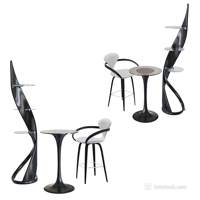 Modern Bar Counter Design With White Stools Round Table And Black Shelves 3d model