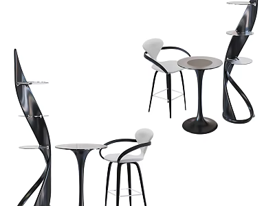 Modern Bar Counter Design With White Stools Round Table And Black Shelves 3d model