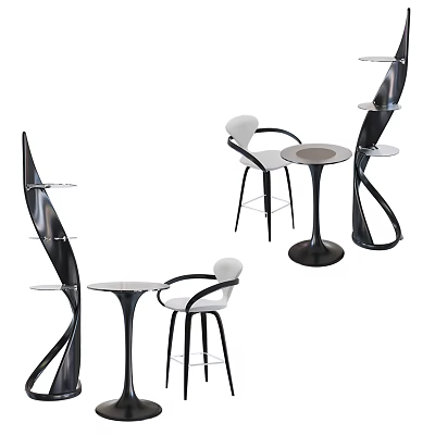 Modern Bar Counter Design With White Stools Round Table And Black Shelves 3d model
