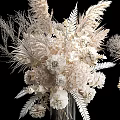 Elegant White Beige Floral Arrangement With Feathers In Glass Vase On Black Background