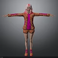 Woman with pink hair posing in orange patterned outfit and pink shoes arms outstretched