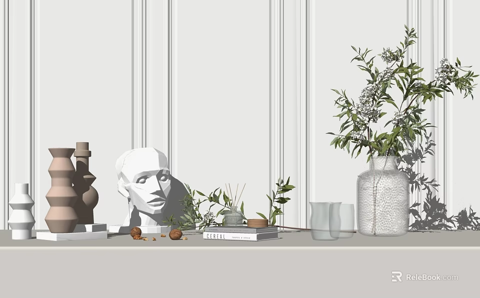 Modern Decorative Ornament Set Featuring Sculpture Head Vases Green Plants Books And Small Decor Items 3d model 