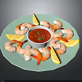 Fresh Shrimp Dish With Lemon Slices And Red Sauce Served On Blue Plate