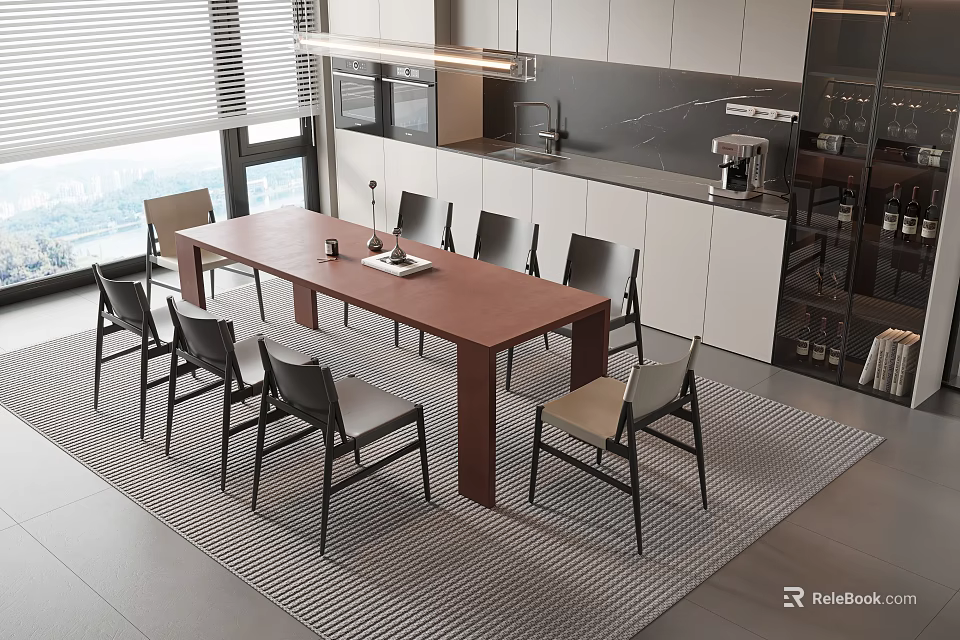 Modern Dining Table With Black Chairs In Contemporary Interior Space With Patterned Rug 3d model