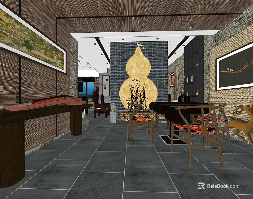 Traditional Chinese Private Room Interior With Wooden Decor Hanging Gourd And Paintings 3d model 