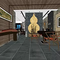 Traditional Chinese Private Room Interior With Wooden Decor Hanging Gourd And Paintings