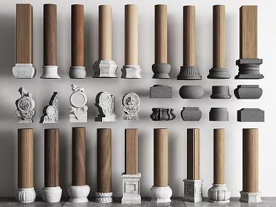 Different Styles Of Decorative Columns Featuring Wooden Stone Bases And Intricate Capitals Design 3d model