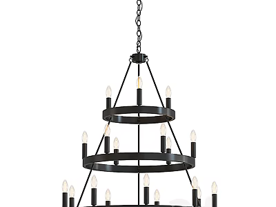 Multi Tiered Black Frame Chandelier With Circular Rings And Candle Shaped Bulbs 3d model
