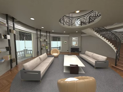 Modern Living Room Interior Design With Spiral Staircase Sofas Coffee Table And Bookshelves 3d model