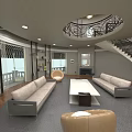Modern Living Room Interior Design With Spiral Staircase Sofas Coffee Table And Bookshelves