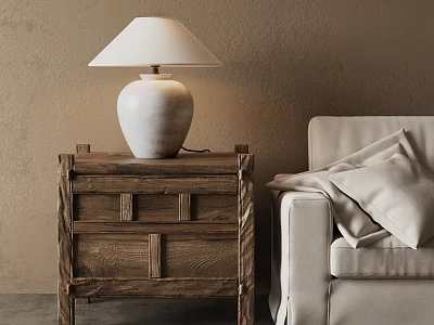 Wooden Entryway Cabinet And Side Cabinet With White Table Lamp And Beige Wall Decor 3d model