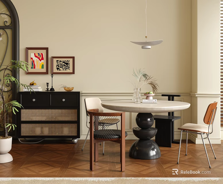 Modern Table and Chairs Set with Round Marble Top Black Pedestal and Wooden Frame Seats 3d model 
