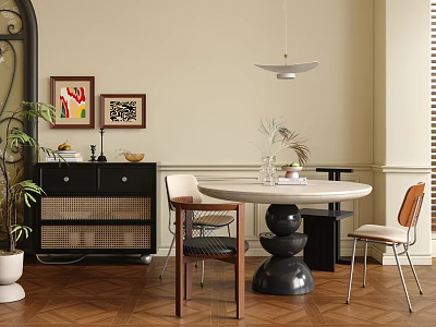 Modern Table and Chairs Set with Round Marble Top Black Pedestal and Wooden Frame Seats 3d model