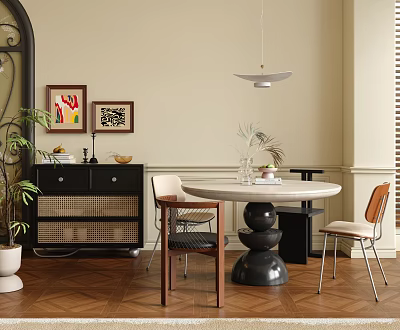 Modern Table and Chairs Set with Round Marble Top Black Pedestal and Wooden Frame Seats 3d model
