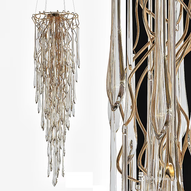 Modern Gold Chandelier With Transparent Glass Drops And Curved Metal Design 3d model 